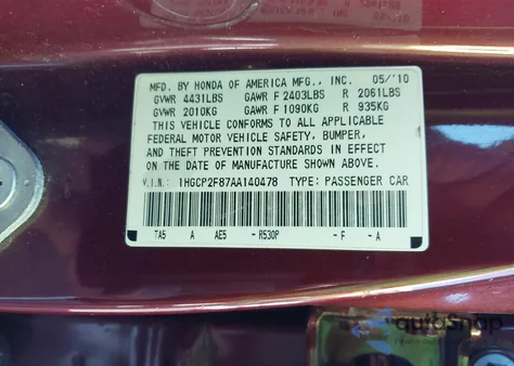 2010 Honda Accord 2.4 Ex-L from USA, damaged, VIN 1HGCP2F87AA140478